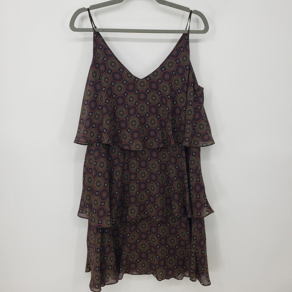 W By Worth Tiered Ruffle Mini Dress Womens Size 12 Geometric Medallion Short Sun